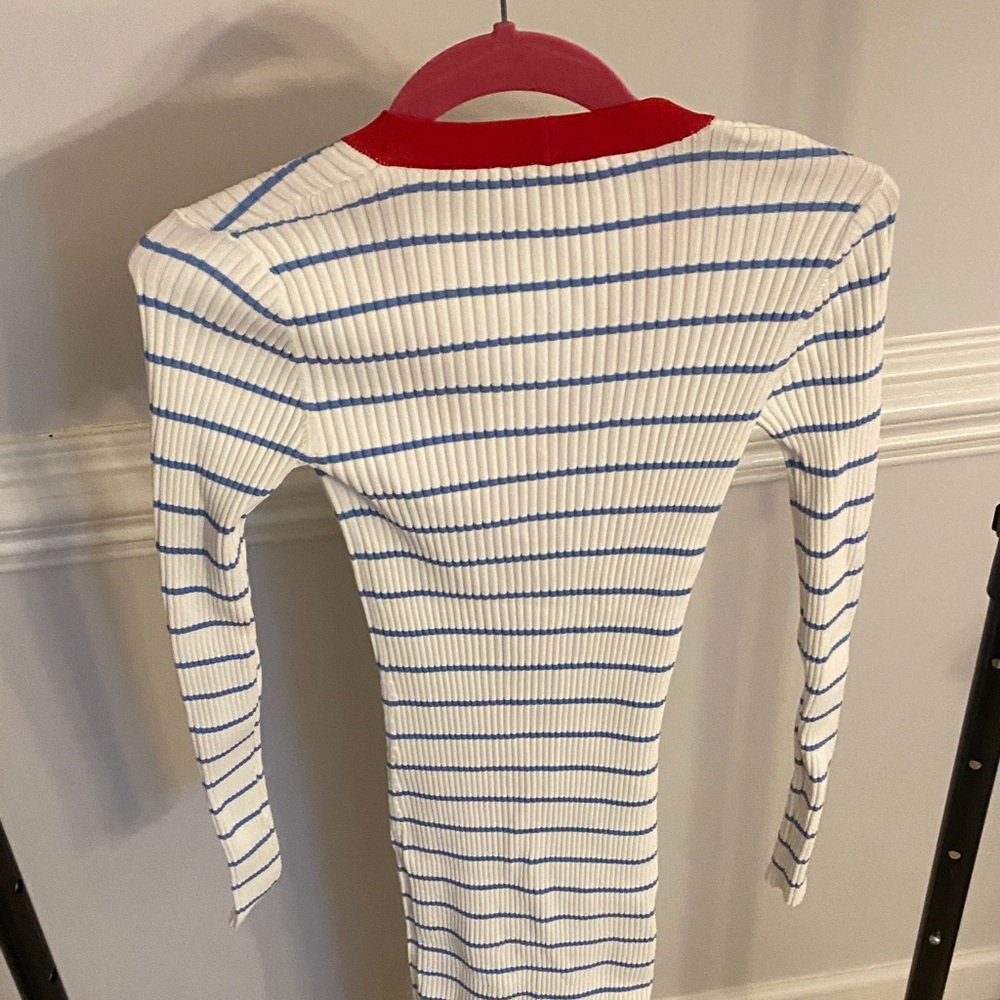 STAUD Shoko White and Blue Striped Sweater Dress with Red Accents - Picture 6 of 6